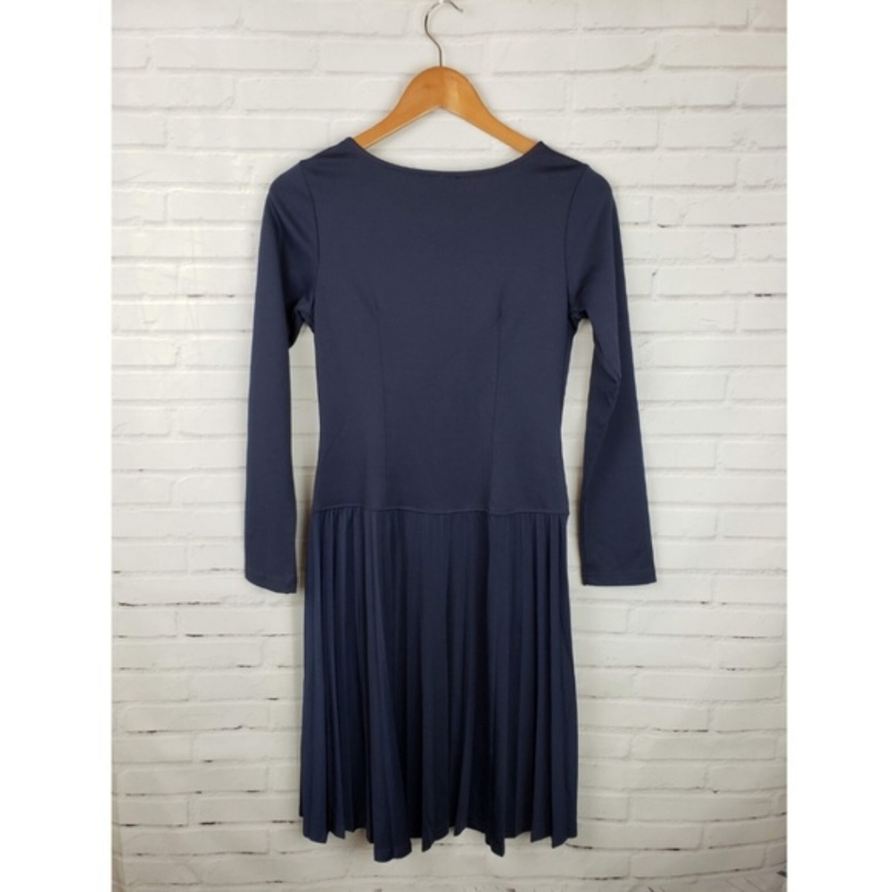 Venus Navy Pleated Long Sleeve Fit And Flare Dress - Picture 2 of 5